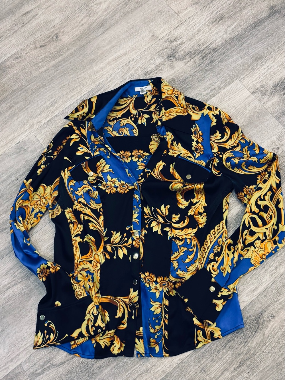 Cashe Baroque Print Button-Up Blouse in Black, Royal Blue & Gold